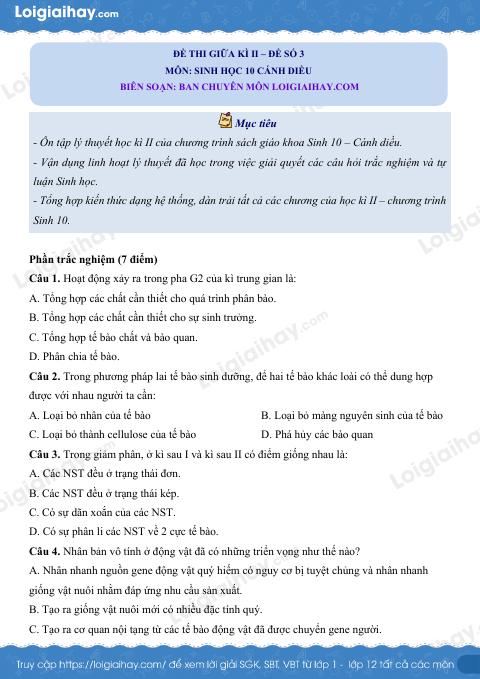 Đề thi giữa kì 2 Sinh 10 Cánh diều - Đề số 3